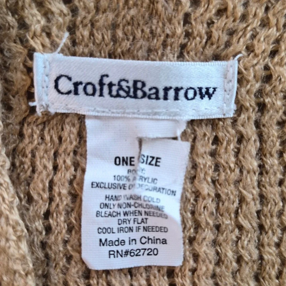 Croft & Barrow Tan Ribbed Knit Poncho Wrap Faux Leather Buckle Fringe OS